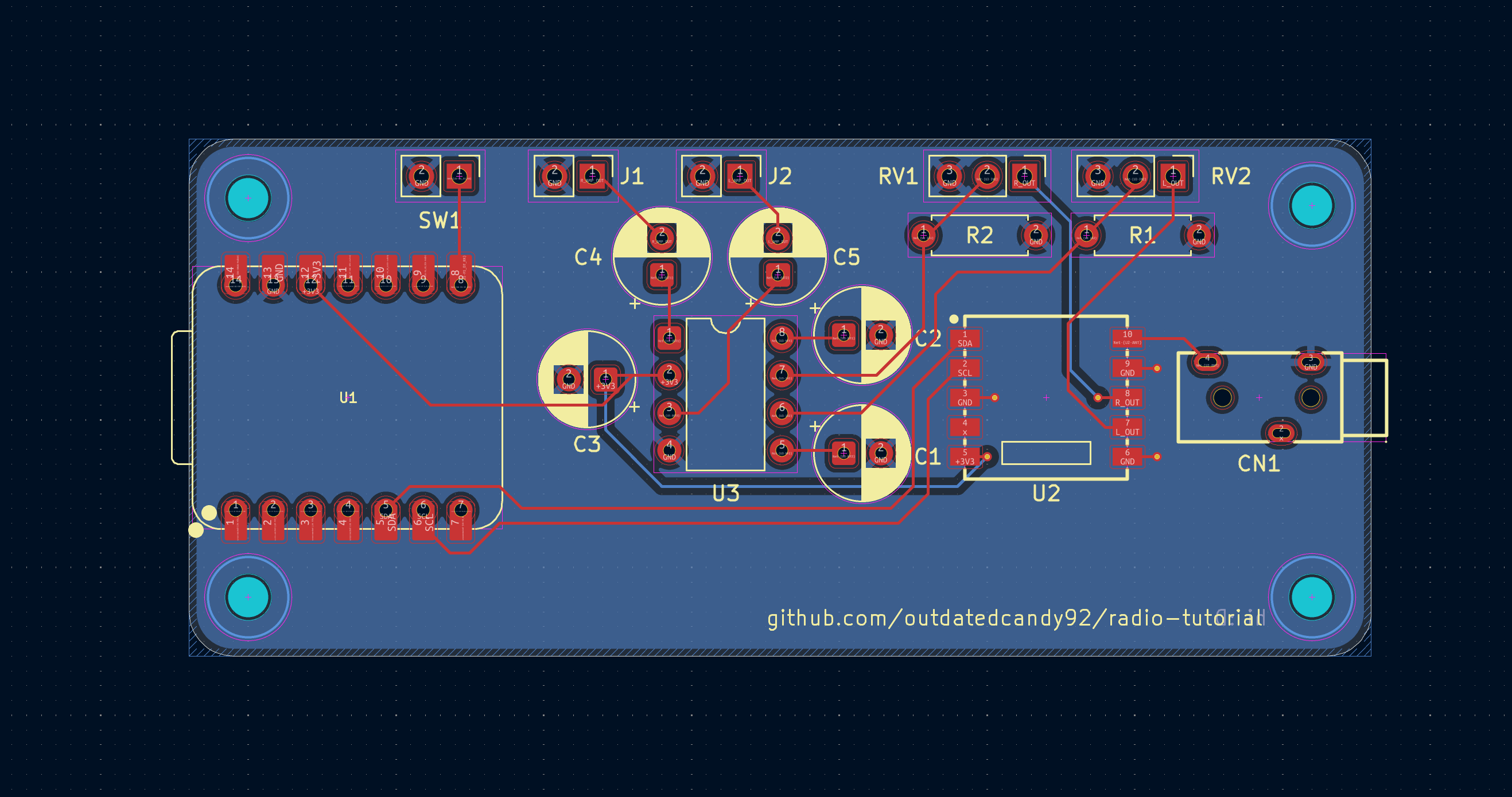 A PCB layout tool showing the radio circuit board design